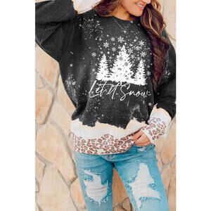 Black Snowy Christmas Graphic Leopard Bleached Sweatshirt